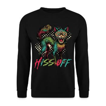 Psychedelische Katze Hiss Off Design - Unisex Pullover - Schwarz - Vorne - Alina (178cm) & Michal (187cm)