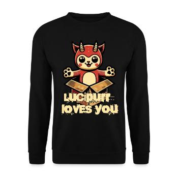 Luci Puff Liebt Dich Dämonisches Plüschtier - Unisex Pullover - Schwarz - Vorne - Alina (178cm) & Michal (187cm)
