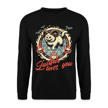 Lucifer Liebt Dich Mystisches Katzenmotiv - Unisex Pullover - Schwarz - Vorne - Alina (178cm) & Michal (187cm)