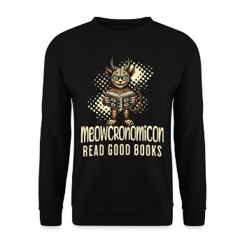 Meowcrononomicon Lies Gute Bücher Katze - Unisex Pullover - Schwarz - Vorne - Alina (178cm) & Michal (187cm)