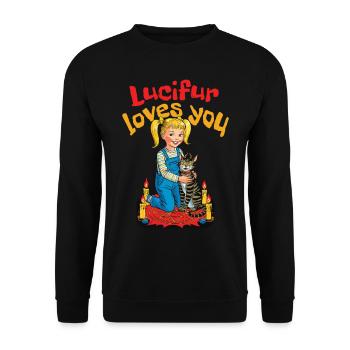 Lucifur Liebt Dich Niedliches Motiv - Unisex Pullover - Schwarz - Vorne - Alina (178cm) & Michal (187cm)
