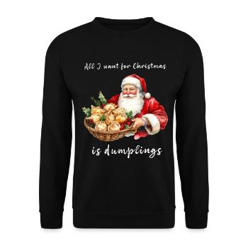 Der Weihnachtsmann mit einem Teller Knödel. Aquarell-Stil. - Unisex Pullover - Schwarz - Vorne - Alina (178cm) & Michal (187cm)