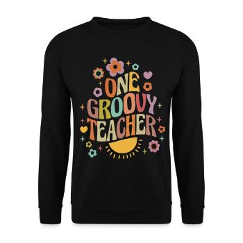 Groovy Lehrer mit Herz und Blumen - Unisex Pullover - Schwarz - Vorne - Alina (178cm) & Michal (187cm)