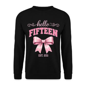 Hallo, fünfzehn 15-jähriger ist Geburtstagsknoten 2011 - Unisex Pullover - Schwarz - Vorne - Alina (178cm) & Michal (187cm)