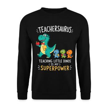 Teachersaurus Lehrer Humor mit kleinen Dinosaurier - Unisex Pullover - Schwarz - Vorne - Alina (178cm) & Michal (187cm)