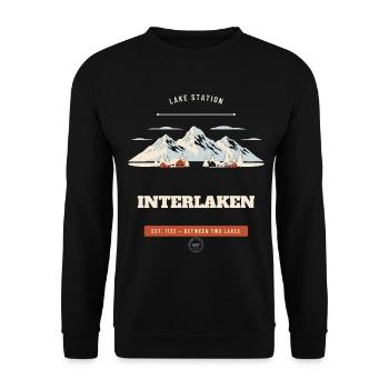 Retro-Emblem des Interlaken Lake Bahnhofs - Unisex Pullover - Schwarz - Vorne - Alina (178cm) & Michal (187cm)