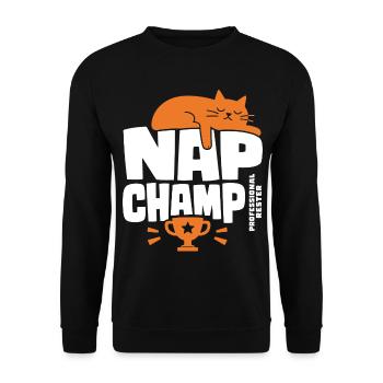 Nap Champ – Schlafende Katze mit Pokal - Unisex Pullover - Schwarz - Vorne - Alina (178cm) & Michal (187cm)