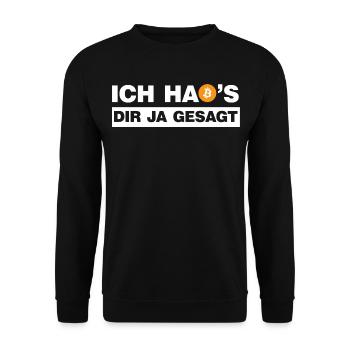 Bitcoin Ich hab's dir ja gesagt B lustige Sprüche - Unisex Pullover - Schwarz - Vorne - Alina (178cm) & Michal (187cm)
