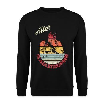 Alter Katastrophe im Vintage Retro Style - Unisex Pullover - Schwarz - Vorne - Alina (178cm) & Michal (187cm)