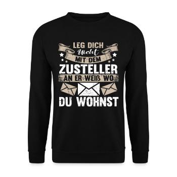 Briefträger Paketbote Lustig Postbote Geschenk - Unisex Pullover - Schwarz - Vorne - Alina (178cm) & Michal (187cm)