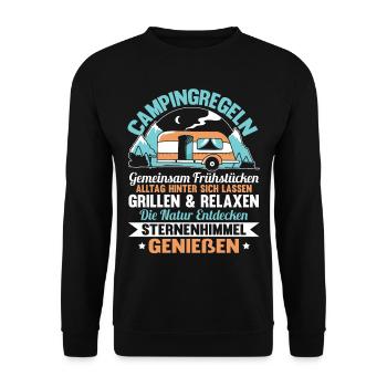 Lustig Wohnwagen Camper Regeln Spruch Geschenk - Unisex Pullover - Schwarz - Vorne - Alina (178cm) & Michal (187cm)