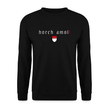 Fränkischer Dialekt Franken Wappen Horch Amol - Unisex Pullover - Schwarz - Vorne - Alina (178cm) & Michal (187cm)
