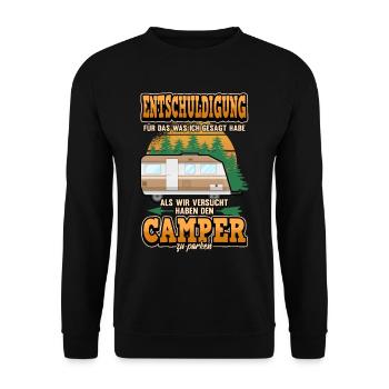 Lustig Wohnwagen Camper Campen Spruch Geschenk - Unisex Pullover - Schwarz - Vorne - Alina (178cm) & Michal (187cm)
