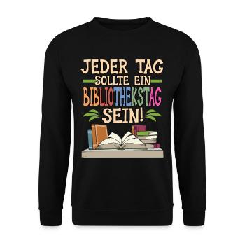 Buch Bibliothek Spruch Lesen Bücherwurm Geschenk - Unisex Pullover - Schwarz - Vorne - Alina (178cm) & Michal (187cm)
