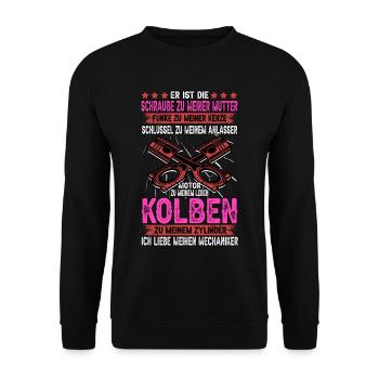 KFZ Mechaniker Auto Werkstatt Lustig Beruf Tuner - Unisex Pullover - Schwarz - Vorne - Alina (178cm) & Michal (187cm)