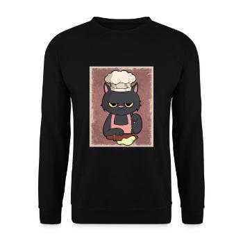 Mürrische Katze Design für einen Bäcker - Unisex Pullover - Schwarz - Vorne - Alina (178cm) & Michal (187cm)