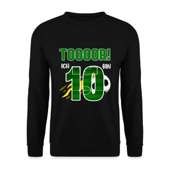 Tooor! Ich bin 10 Jahre Fußball Fußballer 10. - Unisex Pullover - Schwarz - Vorne - Alina (178cm) & Michal (187cm)