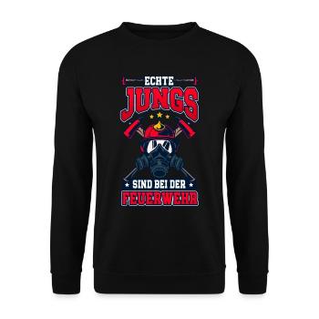 Echte Jungs Sind Bei Der Feuerwehr Feuerwehrmann - Unisex Pullover - Schwarz - Vorne - Alina (178cm) & Michal (187cm)