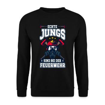 Echte Jungs Sind Bei Der Feuerwehr Feuerwehrmann - Unisex Pullover - Schwarz - Vorne - Alina (178cm) & Michal (187cm)