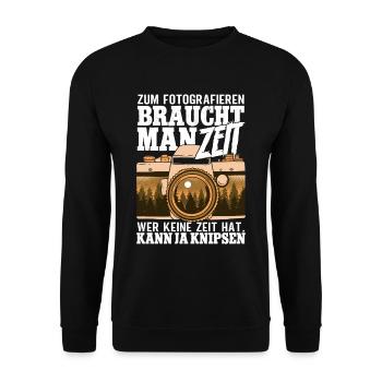 Zum Fotografieren braucht man Zeit Fotografen - Unisex Pullover - Schwarz - Vorne - Alina (178cm) & Michal (187cm)