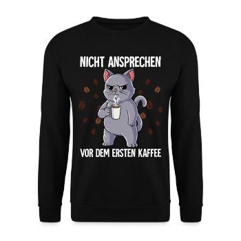 Nicht Ansprechen Vor Dem Ersten Kaffee Katze - Unisex Pullover - Schwarz - Vorne - Alina (178cm) & Michal (187cm)