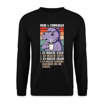 Meine 4 Stimmungen Kaffee Nilpferd - Unisex Pullover - Schwarz - Vorne - Alina (178cm) & Michal (187cm)