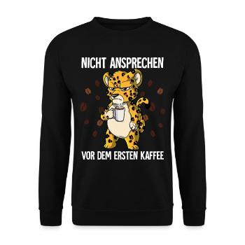 Nicht Ansprechen Vor Dem Ersten Kaffee Leopard - Unisex Pullover - Schwarz - Vorne - Alina (178cm) & Michal (187cm)