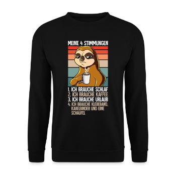 Meine 4 Stimmungen Kaffee Faultier - Unisex Pullover - Schwarz - Vorne - Alina (178cm) & Michal (187cm)