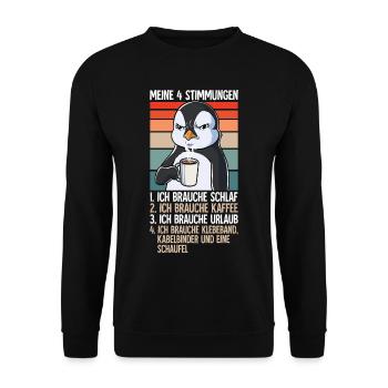 Meine 4 Stimmungen Kaffee Pinguin - Unisex Pullover - Schwarz - Vorne - Alina (178cm) & Michal (187cm)