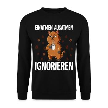 Einatmen Ausatmen Ignorieren Kaffee Quokka - Unisex Pullover - Schwarz - Vorne - Alina (178cm) & Michal (187cm)