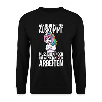 Einhorn Wer Nicht Mit Mir Auskommt - Unisex Pullover - Schwarz - Vorne - Alina (178cm) & Michal (187cm)