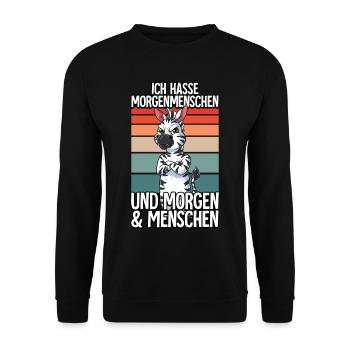 Ich Hasse Morgenmenschen Zebra - Unisex Pullover - Schwarz - Vorne - Alina (178cm) & Michal (187cm)