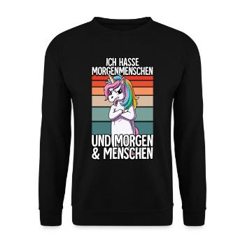 Ich Hasse Morgenmenschen Einhorn - Unisex Pullover - Schwarz - Vorne - Alina (178cm) & Michal (187cm)