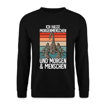 Ich Hasse Morgenmenschen Skorpion - Unisex Pullover - Schwarz - Vorne - Alina (178cm) & Michal (187cm)
