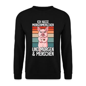 Ich Hasse Morgenmenschen Schwein - Unisex Pullover - Schwarz - Vorne - Alina (178cm) & Michal (187cm)