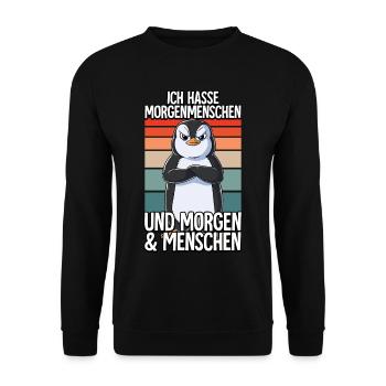 Ich Hasse Morgenmenschen Pinguin - Unisex Pullover - Schwarz - Vorne - Alina (178cm) & Michal (187cm)