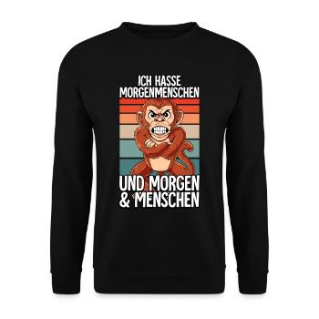 Ich Hasse Morgenmenschen Affe - Unisex Pullover - Schwarz - Vorne - Alina (178cm) & Michal (187cm)