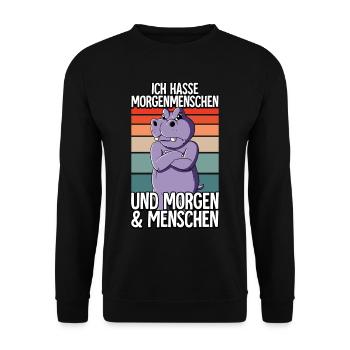 Ich Hasse Morgenmenschen Nilpferd - Unisex Pullover - Schwarz - Vorne - Alina (178cm) & Michal (187cm)