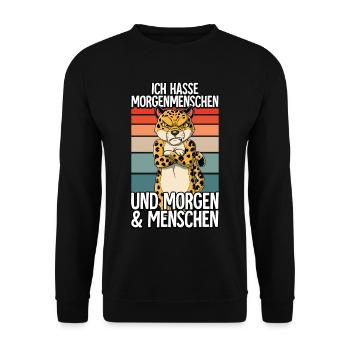 Ich Hasse Morgenmenschen Leopard - Unisex Pullover - Schwarz - Vorne - Alina (178cm) & Michal (187cm)