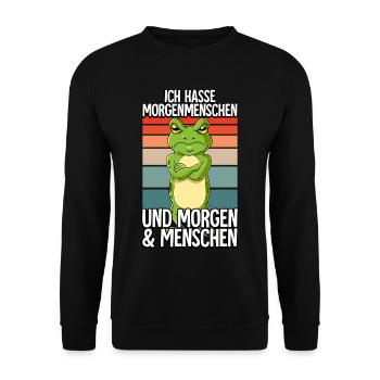 Ich Hasse Morgenmenschen Frosch - Unisex Pullover - Schwarz - Vorne - Alina (178cm) & Michal (187cm)