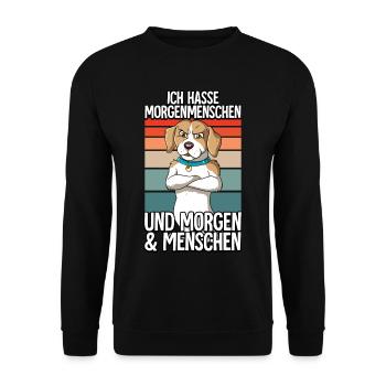 Ich Hasse Morgenmenschen Hund - Unisex Pullover - Schwarz - Vorne - Alina (178cm) & Michal (187cm)