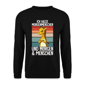 Ich Hasse Morgenmenschen Giraffe - Unisex Pullover - Schwarz - Vorne - Alina (178cm) & Michal (187cm)