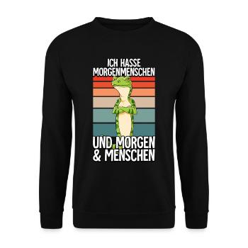Ich Hasse Morgenmenschen Gecko - Unisex Pullover - Schwarz - Vorne - Alina (178cm) & Michal (187cm)