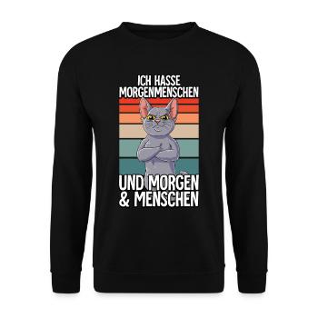 Ich Hasse Morgenmenschen Katze - Unisex Pullover - Schwarz - Vorne - Alina (178cm) & Michal (187cm)