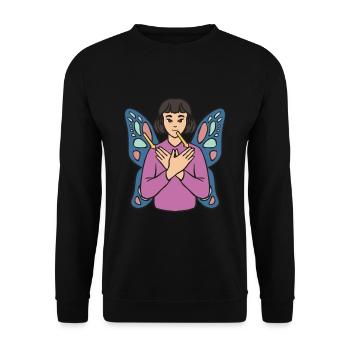 Schmetterling ASL Hand Geste Gehörlose - Unisex Pullover - Schwarz - Vorne - Alina (178cm) & Michal (187cm)