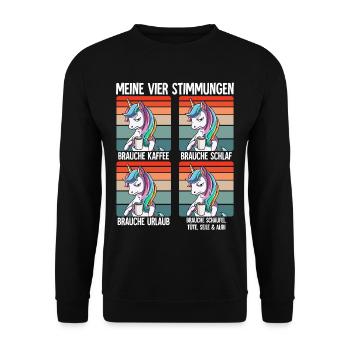 Meine 4 Stimmungen Kaffee Einhorn - Unisex Pullover - Schwarz - Vorne - Alina (178cm) & Michal (187cm)