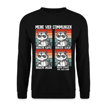 Meine 4 Stimmungen Kaffee Waschbär - Unisex Pullover - Schwarz - Vorne - Alina (178cm) & Michal (187cm)