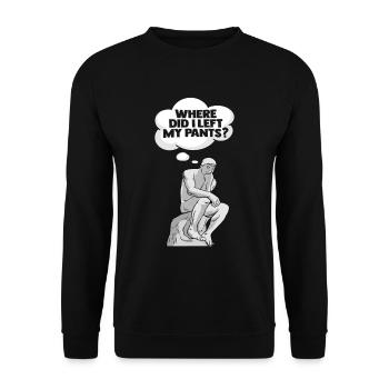 Denker Statue Hose Design für einen Philosophen - Unisex Pullover - Schwarz - Vorne - Alina (178cm) & Michal (187cm)