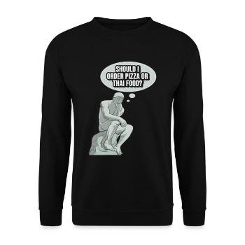 Denker Statue Pizza Design für einen Philosophen - Unisex Pullover - Schwarz - Vorne - Alina (178cm) & Michal (187cm)