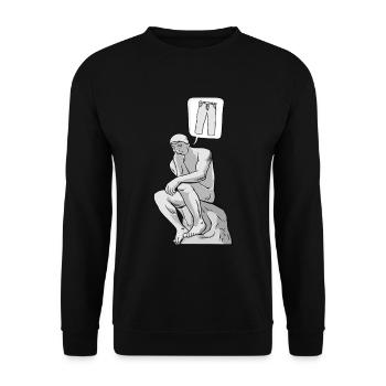 Denker Statue Hose Design für einen Philosophen - Unisex Pullover - Schwarz - Vorne - Alina (178cm) & Michal (187cm)